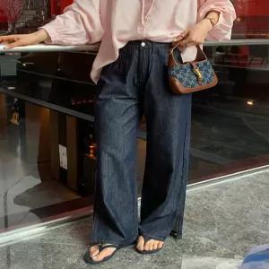 47527 쿨라이트 진청 플랩 슬릿 와이드핏 데님 (one color) ‘이염 NO! 논페이드’