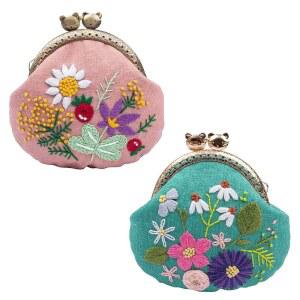 미아오진 2세트 스탬프 자수 동전 지갑 키트 초보자용 수제 DIY 클러치 스타터 키트, 모든 용품 도구 대나무 후프 포함