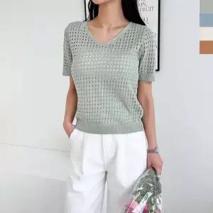 여성 핫 썸머 브이 펀칭 반팔니트 티셔츠
