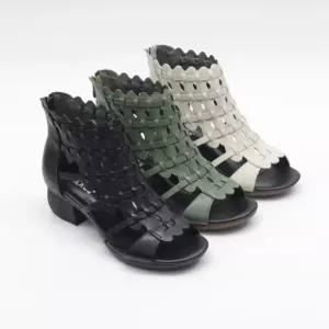 [라운슈] 오픈토 가죽 와플  샌들 부츠힐 5cm