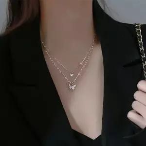 2줄 나비 믹스 체인 목걸이 큐빅 나비 목걸이 여자목걸이 여성목걸이 레이어드목걸이