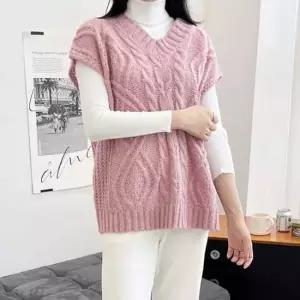여성 오버핏 브이넥 꽈배기니트 조끼 슬리브리스