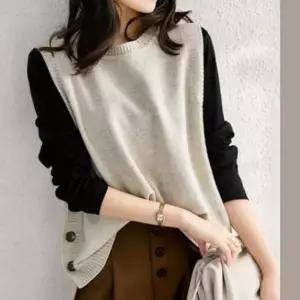 사이드 버튼 여성 라운드 니트 조끼 베스트 롱조끼