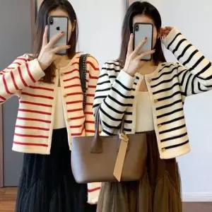 여성 라운드넥 가디건 루즈핏가디건 스트라이프 스타
