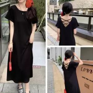 [SBD] A라인 반팔 엑스자 롱원피스 뒷 여유핏 블랙 스트링