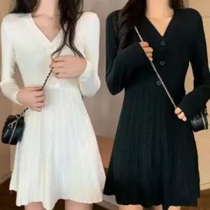 여자 골지 슬림 미니원피스 V넥 가슴단추 A라인원피스