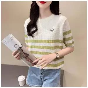 셔츠 얇은 반팔 ？ 롱루즈핏 루즈핏 라운드 스트라이프 티 여성용 니트 이너 MF2