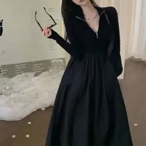 하프 집업 니트 믹스 롱 원피스 긴팔 반집업