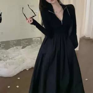 하프 집업 니트 믹스 롱 원피스 긴팔 반집업