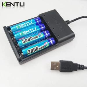KENTLI AA 1.5V 3000mWh 리튬 이온 충전지 + 4 슬롯 폴리머 배터리 충전기
