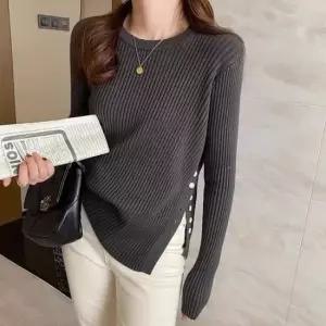 [SBD] 티셔츠 니트 여성 밑단 골지 포인트 단추 라운드넥