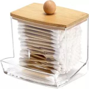 대나무 뚜껑이 있는 Tbestmax 10oz 큐팁 홀더 디스펜서 보관용 대형 투명 욕실 정리 액세서리 장식 - 면봉