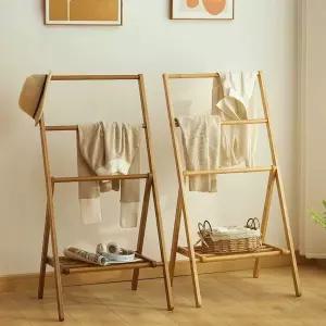 낮은 내추럴 스탠드 우드 접이식 사다리행거 옷걸이 원목색