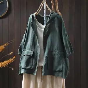 여름 캐주얼 여성패션 후드 카디건 양포켓 린넨 셔츠 빅사이즈 아우터 7부 DL2