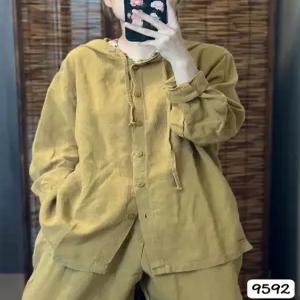 가을 빈티지 캐주얼 여성패션 셔츠 샌드 워싱 린넨 후드 싱글 솔리드 긴팔 상의 카디건 DL3