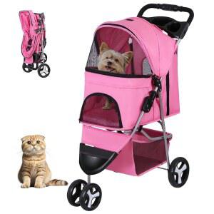 ZENY 접이식 반려동물 유모차 3륜 고양이개 산책 카트 보관 바구니 컵 홀더 반려견 여행용 캐리어 핑크