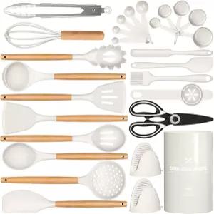 실리콘 요리 주방 도구 세트 나무 손잡이 집게 주걱 파스타 서버 논스틱 조리기구용 BPA 무료 AIKKKIL