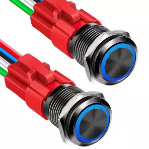 2PCS 16mm 래칭 푸시 버튼 스위치 와이어 소켓 플러그로 12V DC 켜짐 자체 잠금 LED 엔젤 헤드가 있는 전원