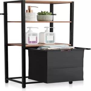 선반이 있는 깔끔하고 틸트아웃 세탁 바구니 - 방수 패브릭 통이 3단 정리함 욕실 및 침실용 후크가 독립형