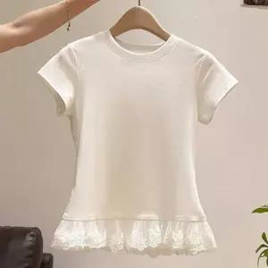 밑단포인트 레이스프릴 디테일 깔끔한 기본반팔티셔츠 여성티셔츠