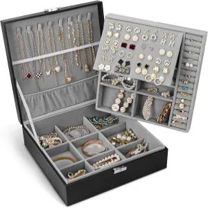 쥬얼리 박스 PU 가죽이 있는 여성 및 남성용 잠금 장치가 2겹 대형 정리함 보관 케이스 목걸이 팔찌 귀걸이