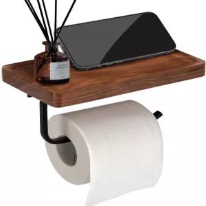 호두나무 선반이 있는 화장지 홀더 - 벽걸이 및 자가 접착 욕실 휴지 휴대폰용 검은색 스테인리스 스틸