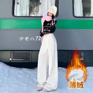 여성용 캐주얼 융털감 청바지 배기 슬림핏 통바지 아이오렌지 하이웨스트 얇은 일자핏 DUCHI1