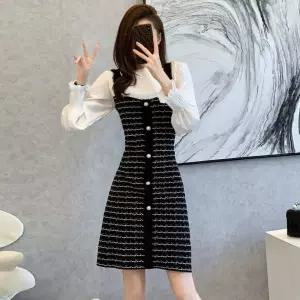 여성 센스있는 니트 스커트 원피스 스몰룩 허리 여리여리하게 여리여리한 휴가 투피스 DUCHI3