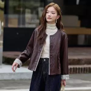 솜브레로스 여친 가을 코트 자켓 PU 가죽 상의 라운드 싱글 DOS3