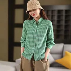 여성 깔끔한 체크 셔츠 봄 면 칼라 싱글 긴팔 블레이저 상의 DUCHI1
