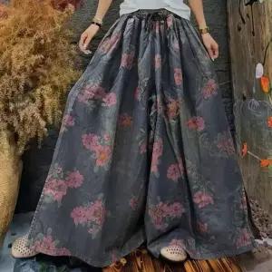 솜브레로스 팬츠 여성용 여름 빈티지 청바지 프린트 밴딩 와이드 배기 오버핏 DOS2