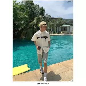 보니따스 남친 하계 캐주얼 하이웨스트 솔리드 프린트 셔츠 커플 남방 반팔 상의 C07Z27 ADOR2