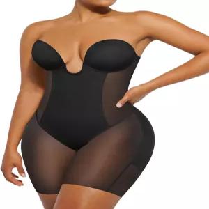 SHAPELLX 여성 스트랩리스 바디수트 딥플런지 코르셋 복부보정 미드타이 쉐이퍼