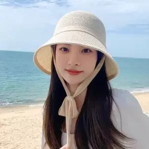 여성라탄모자 여성 밀짚 끈장식 데일리 비치 바다 썬캡