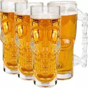 빈사카오 맥주 머그잔 4종 세트 - 손잡이가 달린 해골 잔 17온스 헤비 베이스 음용 티키 위스키 와인 주스