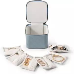 우드텐 여행용 주얼리 박스 정리함 - 6개의 작은 벨벳 지퍼 파우치 포켓이 있는 케이스 반지 귀걸이 보관함