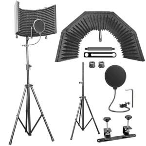 AxcesAbles 대형 32x13 녹음 스튜디오 마이크 격리 실드, 3단 삼각대 스탠드 및 팝 필터 | 휴대용 방음 부스 반사 실드