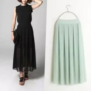 유니크 시스루 쉬폰 주름 롱스커트