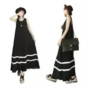 여성 블랙색상 바캉스 치마 투라인 민소매 롱 원피스