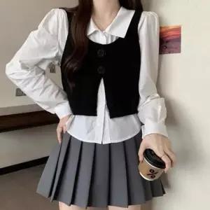 여성 투피스 셔츠 니트 베스트 뷔스티에 세트 레이어드