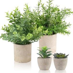 GIRLS 4팩 작은 식물 10인치 인공 식물 실내 유칼립투스 / 로즈마리 / 다육식물 욕실 침실 주방 사무실 거실 장식용 펄프 냄비의 작은 식물