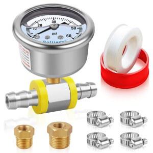 볼티겐 연료 압력 게이지, 3/8인치 바브 게이지 키트, 차량용 게이지가 있는 0-60psi 글리세린 충전 레귤레이터, 1/8인치 NPT 인라인 1/4인치 컨버터