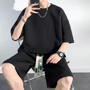 픽호샵 남친 여름 키작남 반팔세트 트임 레터링 세트 티셔츠 입체엠보 빅사이즈 전결 반팔 P45 꾹2