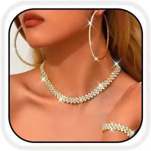 유니크라 블랙 주얼리 목걸이 세트 여성용 반짝이는 공식 귀걸이 후프 코스튬 팔찌 프롬 라인스톤