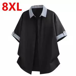 빅사이즈 반팔 셔츠 여름 플러스 사이즈 8XL 남성 캐주얼 청 그리드 칼라 트렌디 탑 및 땀 흡수 140kg