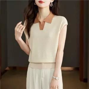 EAMT 여사친 니트 여름 쿨 배색 엄마옷 반팔티 상의 민소매 칼라넥 YJ2