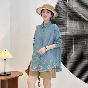 EAMT 여자 데님 가을 캐주얼 컬러 무지데님 카디건 셔츠 긴팔 상의 자수 EUNG3