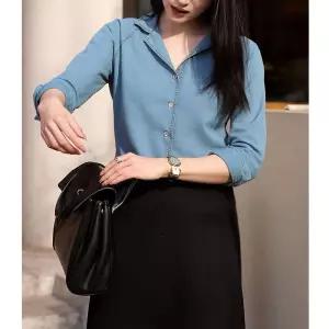 EAMT 청 여성 봄 빈티지 정장 칼라 셔츠 슬림핏 무지데님 이른 긴팔 EUNG1