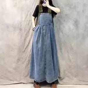 EAMT 여친 치마 롱 데님 빈티지 캐주얼 슬림핏 끈 멜빵 청치마 EUNG1