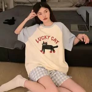 팬츠 여름 캐주얼 MN 라운드 잠옷세트 커플 풀오버 더블 겉감 체크 캐릭터 면라이크 큐트 파자마 쇼트 세트